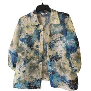 Alia Petite 14P Sheer Button Up Collared 3/4 Sleeve Blouse Blue Green & Yellow